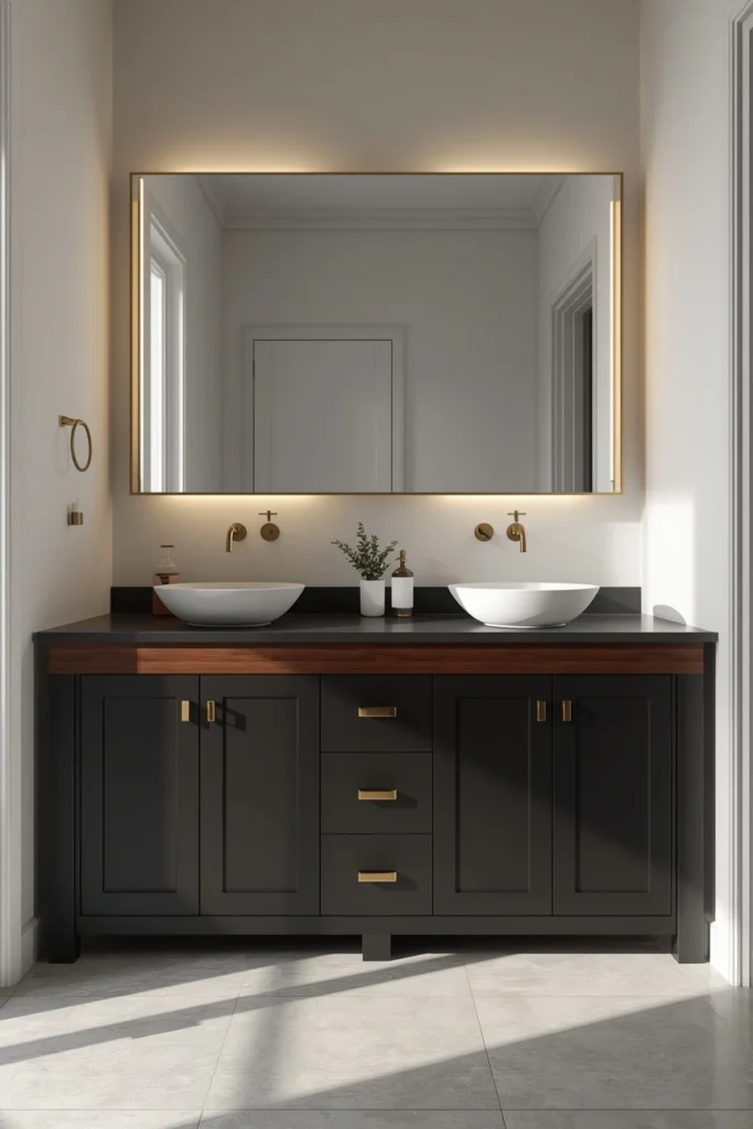 19 Black Bathroom Ideas That Are Dramatic, Chic & Completely Stunning 11 bathroom vanity, featuring matte black cabinetry with warm walnut wood trim,