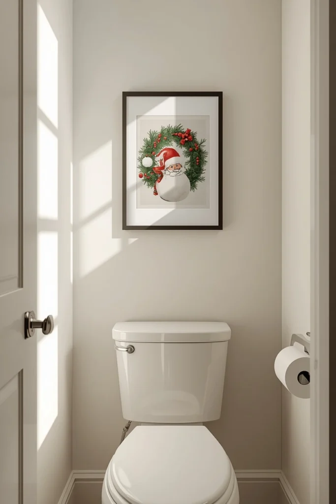  small bathroom, featuring a framed Christmas-themed art print hung