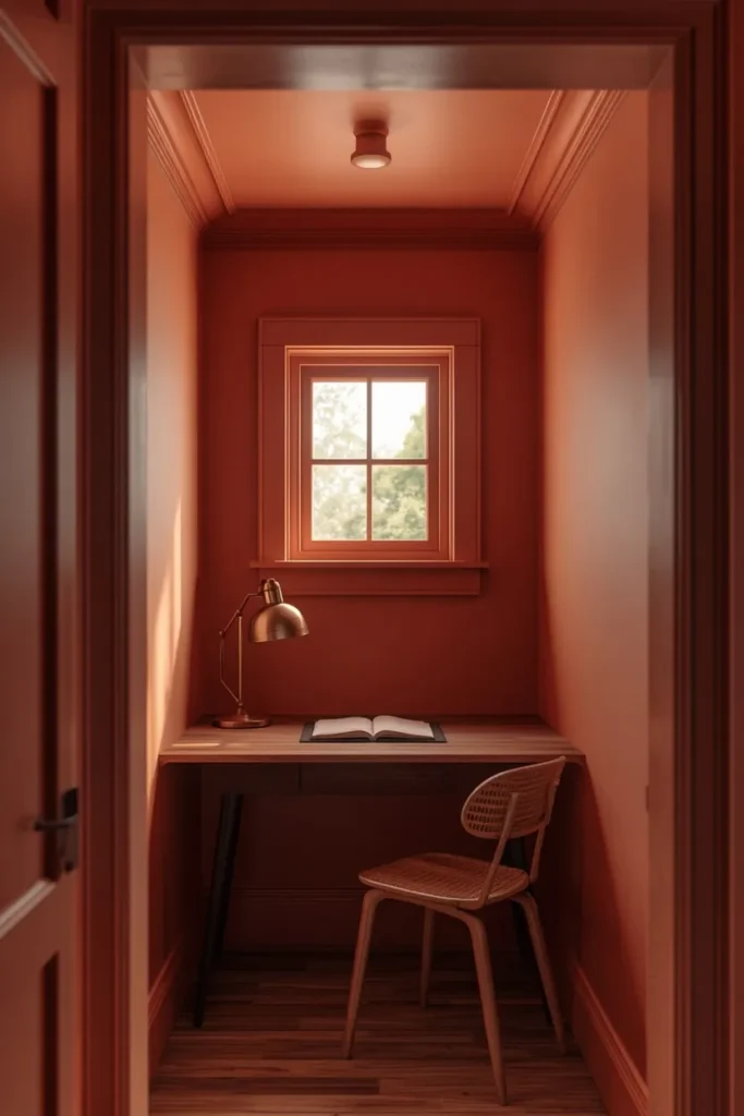  small home office shot, featuring walls, trim, and low ceiling all painted 