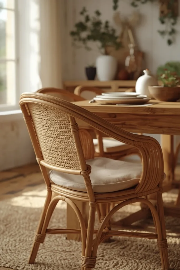  dining room, featuring woven rattan chairs with linen seat cushions around a wooden table