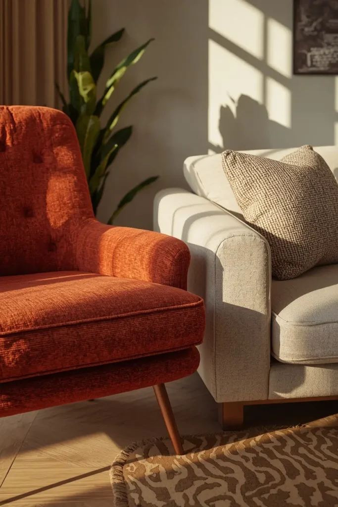20 Cozy Warm Neutral Fall Living Room Ideas Anyone Can Recreate 11 living room close-up, featuring a rust bouclé accent chair angled toward a cream sofa,