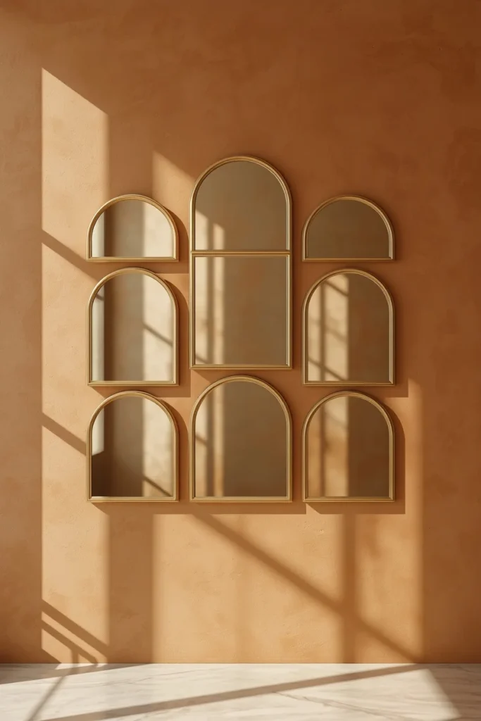 15 Curved Accent Wall Ideas to Soften a Boxy Room 11 wall styling, featuring an asymmetrical cluster of arched brass-framed mirrors on a warm plaster wall,