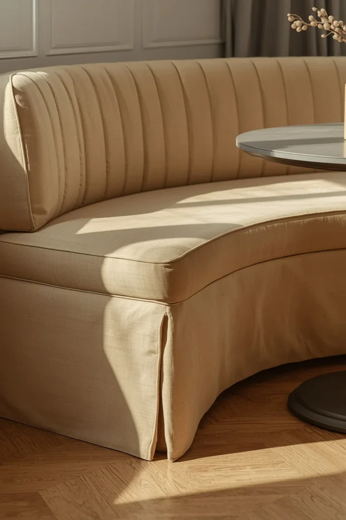banquette detail shot, featuring a curved bench with a soft fabric skirt in warm cream linen