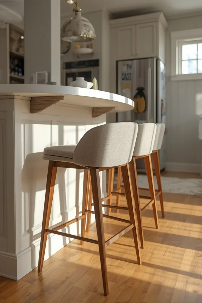 17 Curved Kitchen Peninsula Ideas for Better Small-Space Flow 11 kitchen peninsula close-up, featuring slim upholstered bar stools tucked fully beneath a curved counter overhang