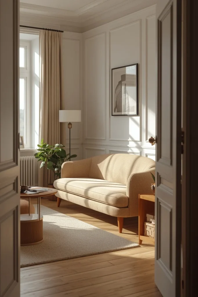 compact living room shot, featuring a small curved loveseat in warm oatmeal boucle 