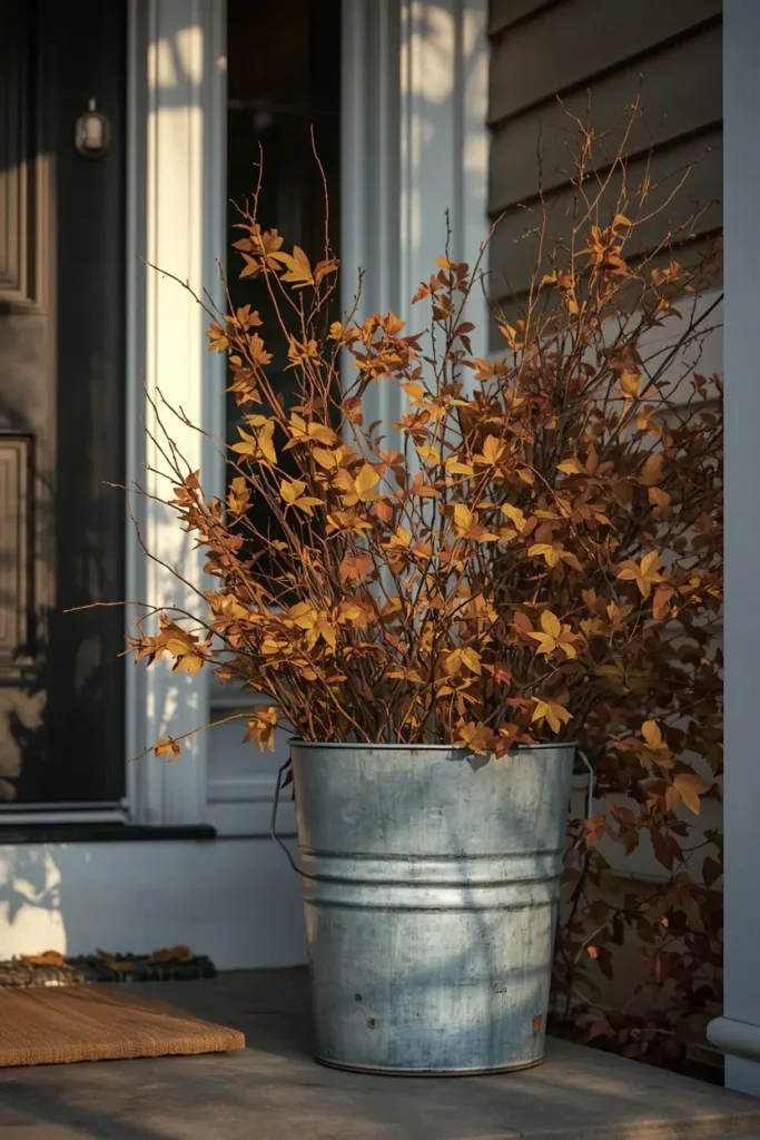 front porch, featuring a galvanized bucket filled with loosely arranged