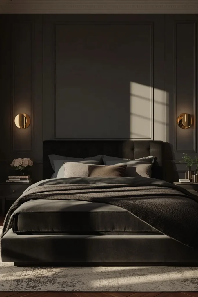 bedroom, featuring a low-profile charcoal velvet platform bed with brass moon-phase 