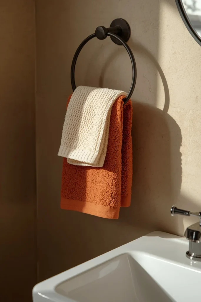 15 Fall Bathroom Decor Ideas for a Cozy Season Refresh 11 bathroom sink area, featuring a cream waffle-weave hand towel