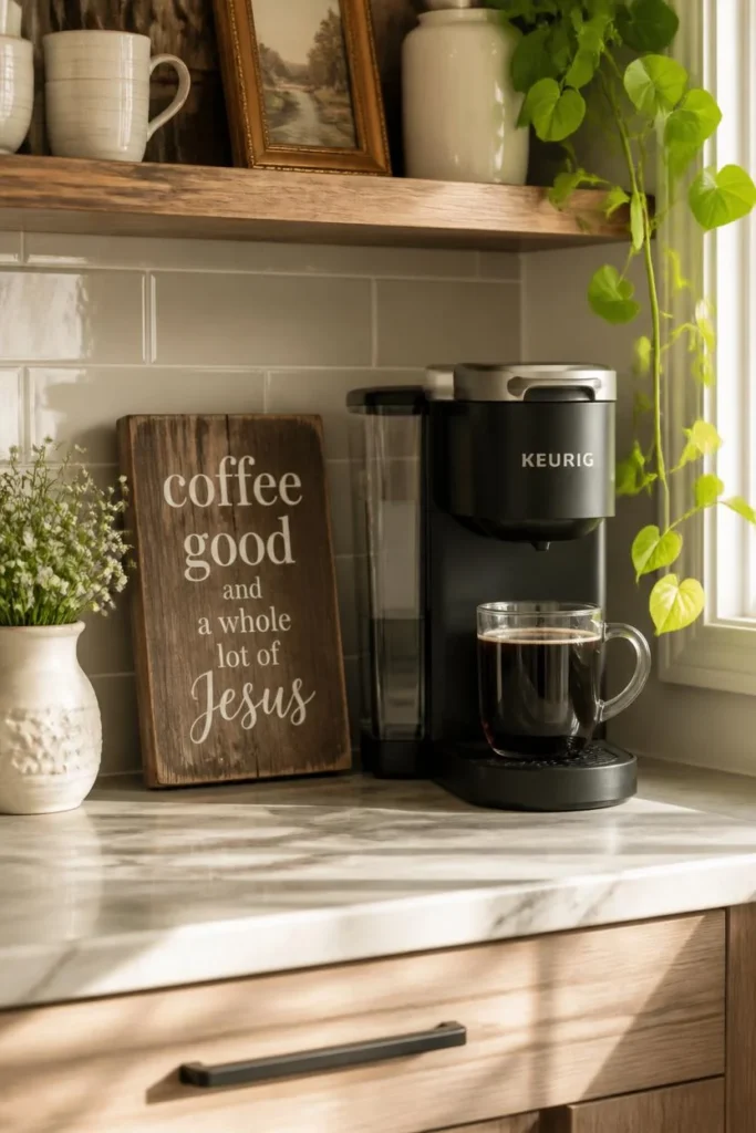  kitchen coffee station, featuring a small distressed wood sign 