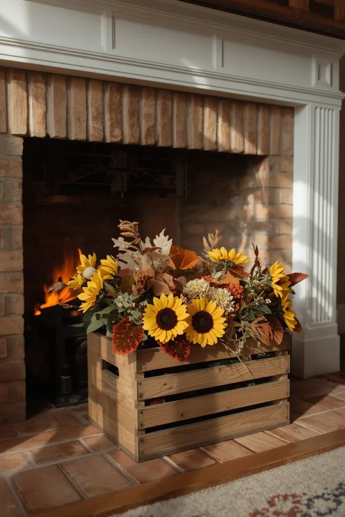 16 Fall Decor Ideas for the Space in Front of Your Fireplace 11 farmhouse living room fireplace, featuring a rustic wooden crate filled with faux sunflowers