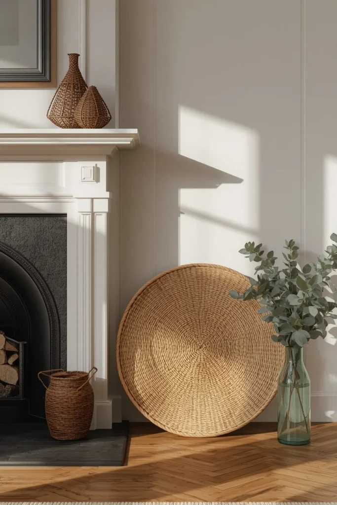  farmhouse living room, featuring a large round tobacco basket leaned against the wall