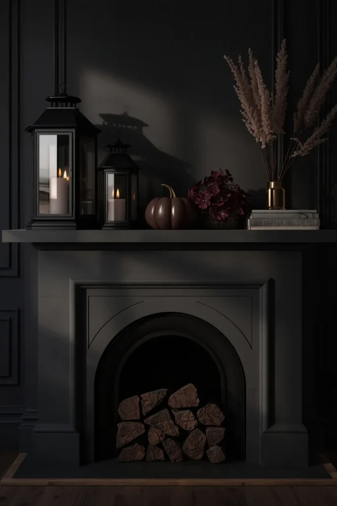  fireplace mantel, featuring black lanterns, deep burgundy faux pumpkins, and a muted plum 