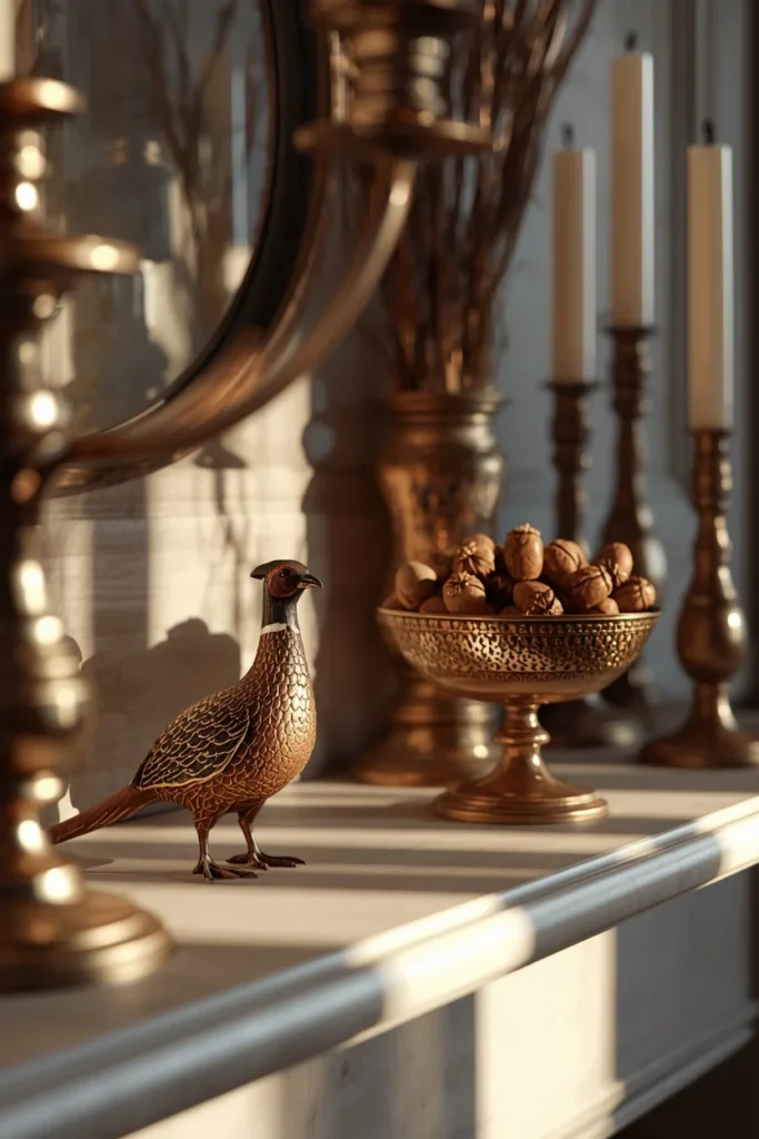 living room mantel, featuring a collection of vintage brass and copper objects including a small pheasant figurine, 