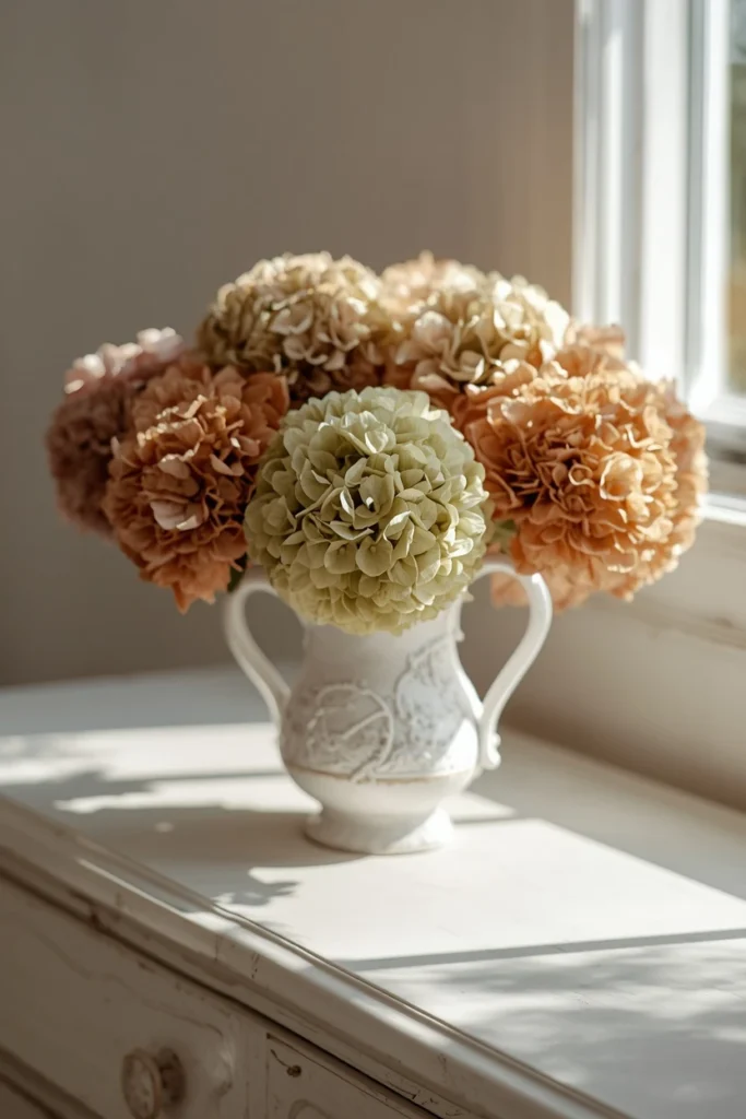  bedroom dresser, featuring dried hydrangea blooms in faded green, blush,