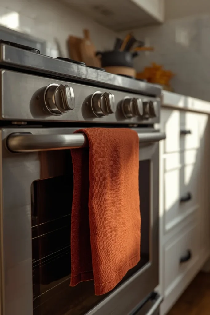 17 Fall Kitchen Countertop Decor Ideas That Feel Cozy, Not Cluttered 11 kitchen stove detail shot, featuring a warm rust-toned linen kitchen towel