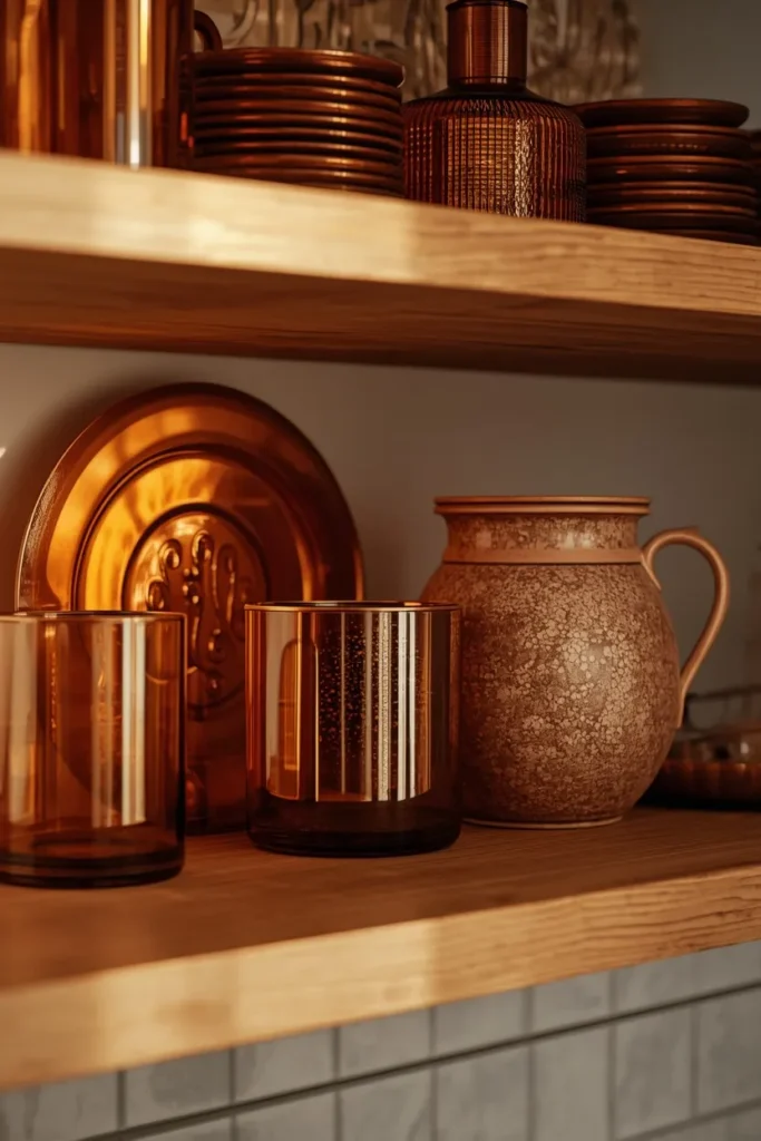 20 Fall Kitchen Decor Ideas That Are Easy to Recreate 11 kitchen open shelving close-up, featuring amber glassware, copper mugs