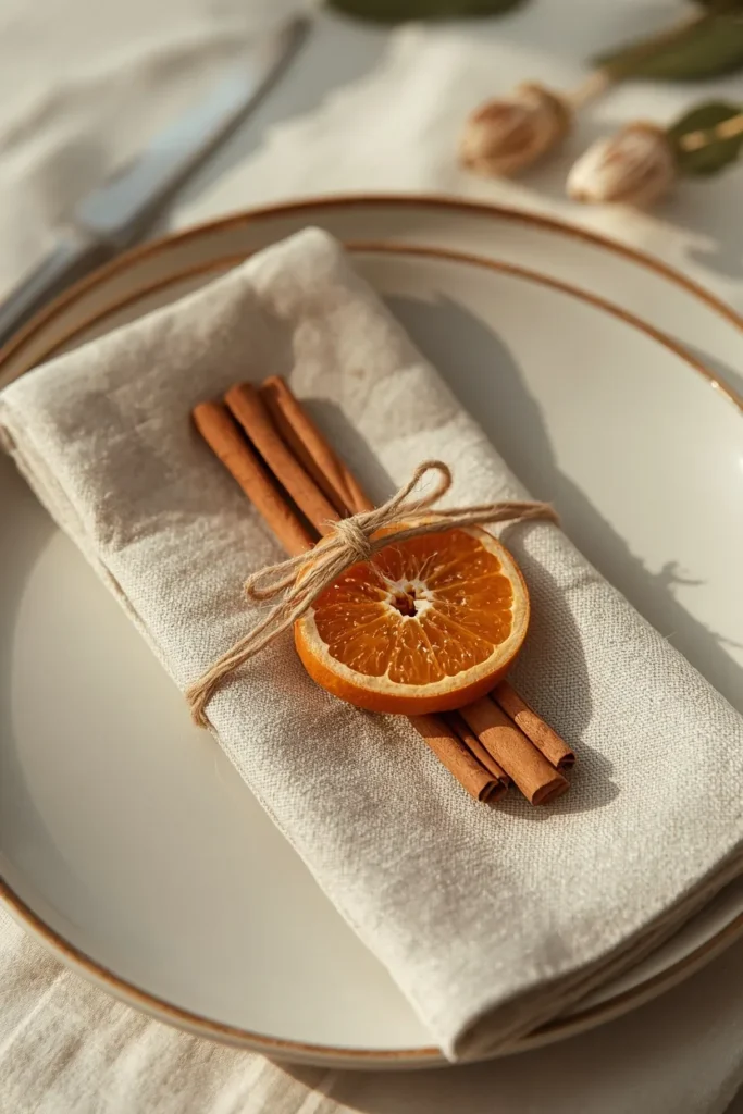 18 Fall Table Setting Ideas for Cozy Autumn Dinners 11 place setting, featuring a small bundle of cinnamon sticks