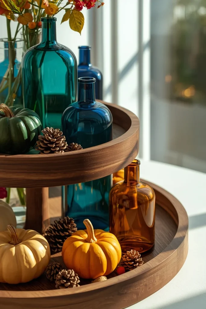  tiered tray close-up, featuring tall tinted glass bottles in teal, blue, and amber on a walnut wood tray, 