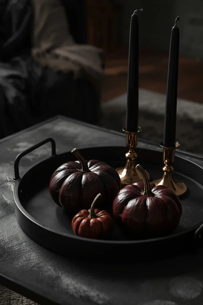 15 Fall Tray Decor Ideas to Style Your Coffee Table Like a Pro 11 coffee table tray, featuring a matte black tray with deep burgundy pumpkins,