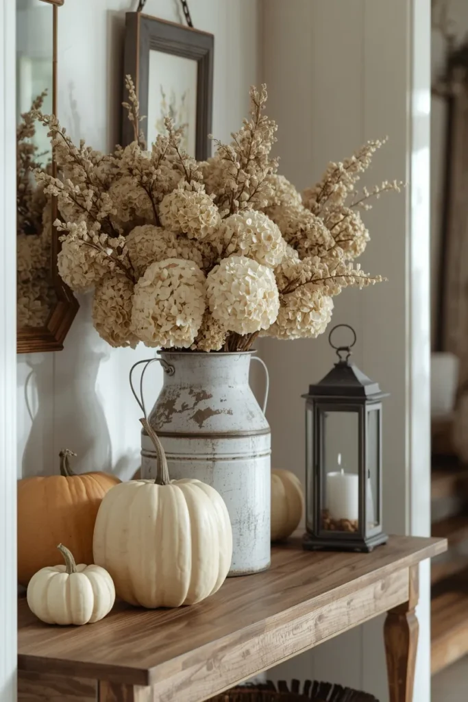 entryway table, featuring a tall vintage milk can filled with dried hydrangeas 