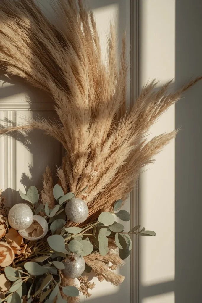 24 Fall Wreath Ideas to Welcome the Season in Style 11 front door, featuring a wreath combining dried pampas grass, silvery lunaria pods, and preserved eucalyptus