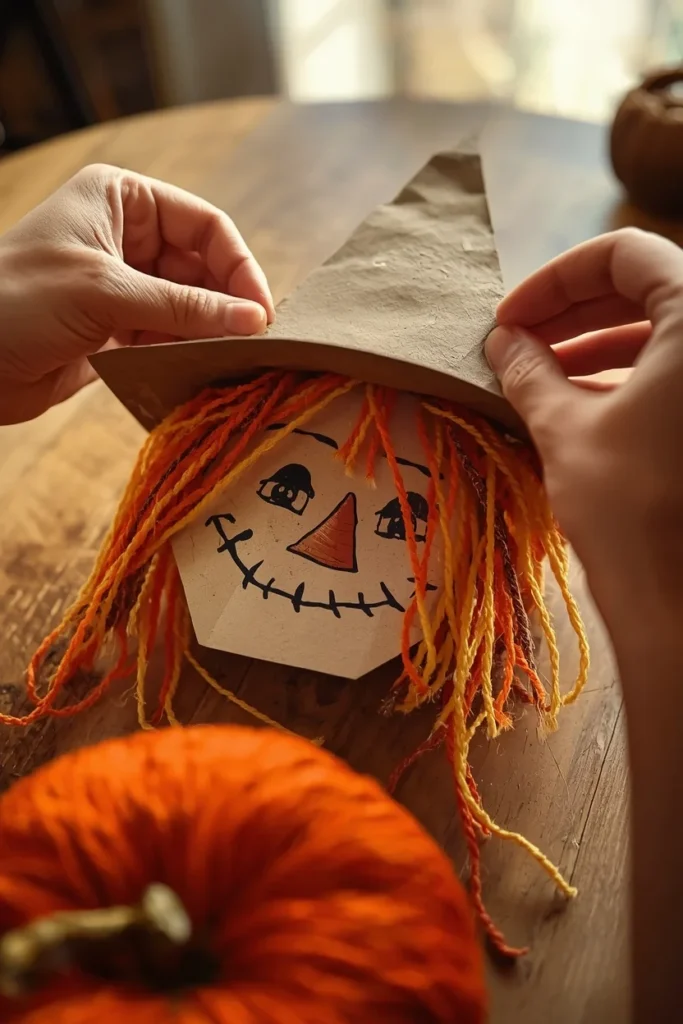 19 Fun DIY Scarecrow Ideas for fall that Kids Will Love Making 11 realistic craft table close-up, featuring a paper scarecrow figure with orange