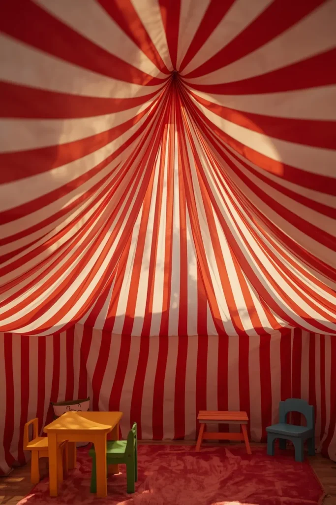 15 FunHaus Interior Ideas for a Bold, Playful Home That Breaks the Rules 11 playroom shot, featuring a red and white striped fabric canopy draped