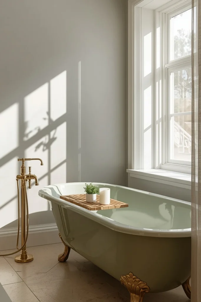21 Green Bathroom Ideas That Bring Nature's Calm Into Your Home 11 bathroom, featuring a sage green freestanding oval soaking tub