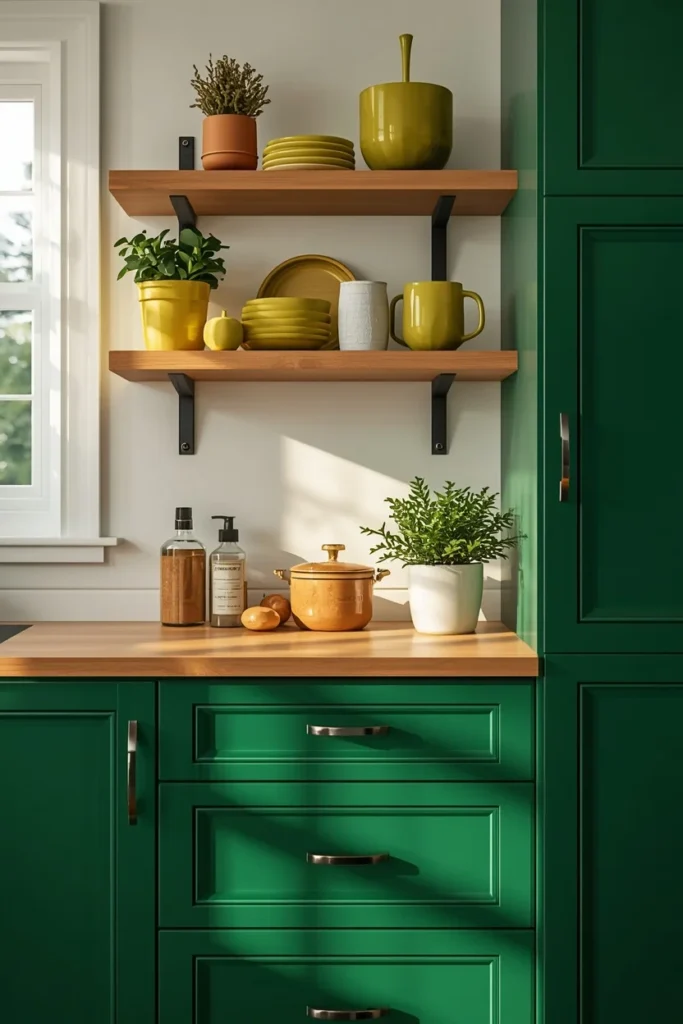 17 Green Kitchen Designs That Feel Bold, Fresh & Totally Unexpected 11 kitchen, featuring deep emerald green cabinets, chartreuse potted plants and accent decor