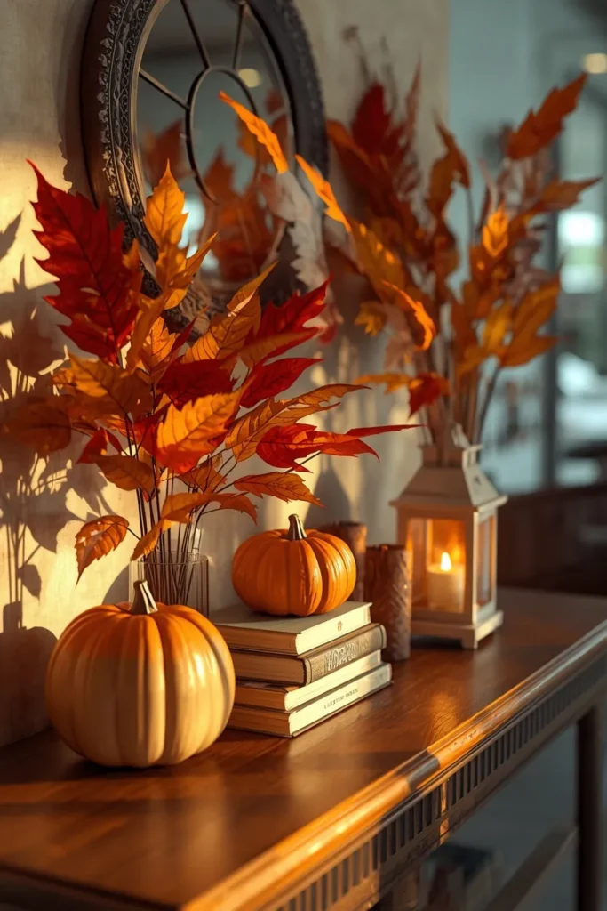  medical office lobby console table, featuring layered faux fall leaves in red, orange