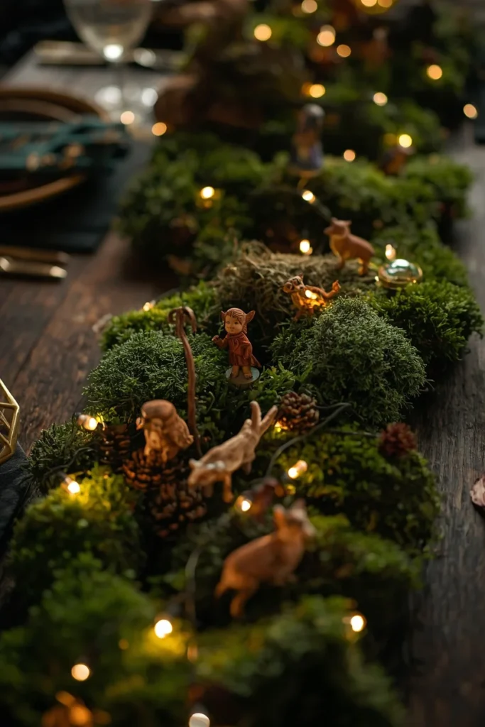 enchanted forest tablescape shot, featuring a mossy table runner with tiny fairy figurines, small owl 