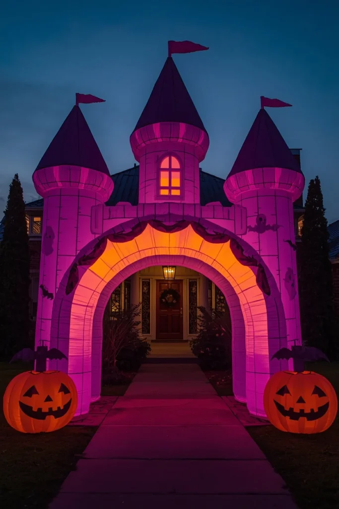 18 Halloween Walkway Ideas That Set the Spooky Mood Early 11 Halloween inflatable archway, featuring a glowing inflatable castle arch