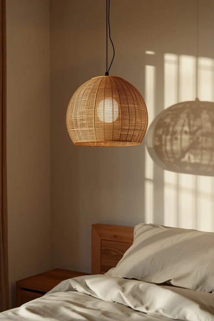  Japandi bedroom, featuring a woven bamboo pendant light fixture hanging at a low height