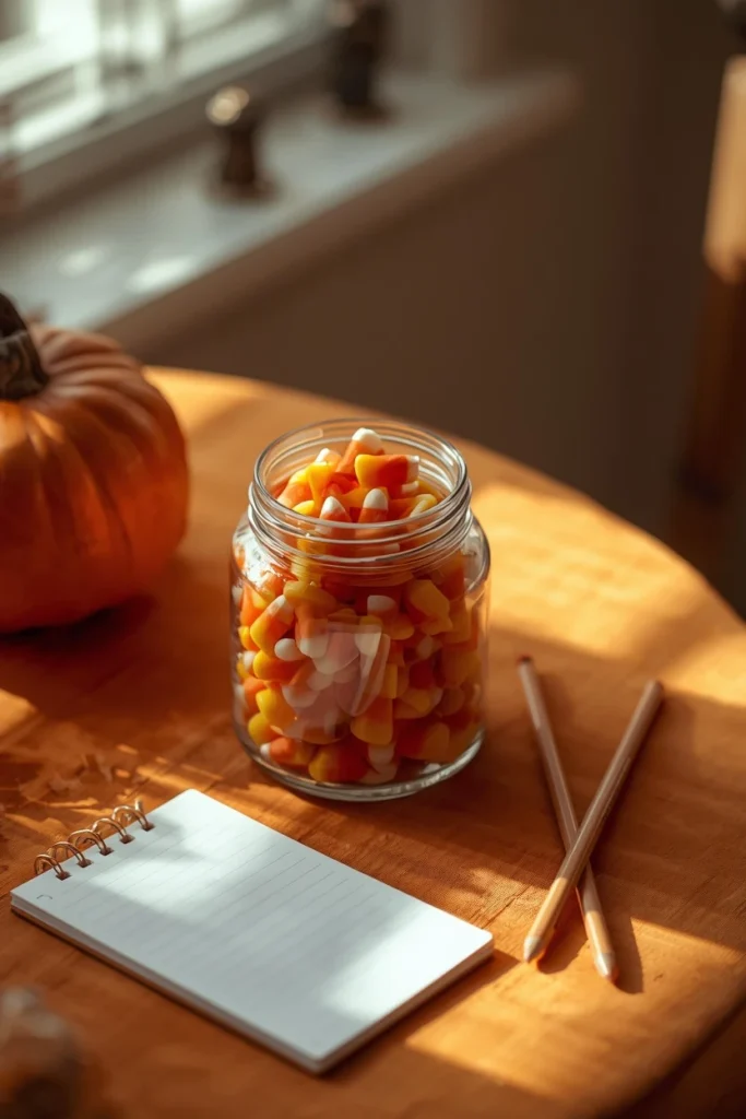  Halloween party table, featuring a clear glass jar filled with orange, yellow