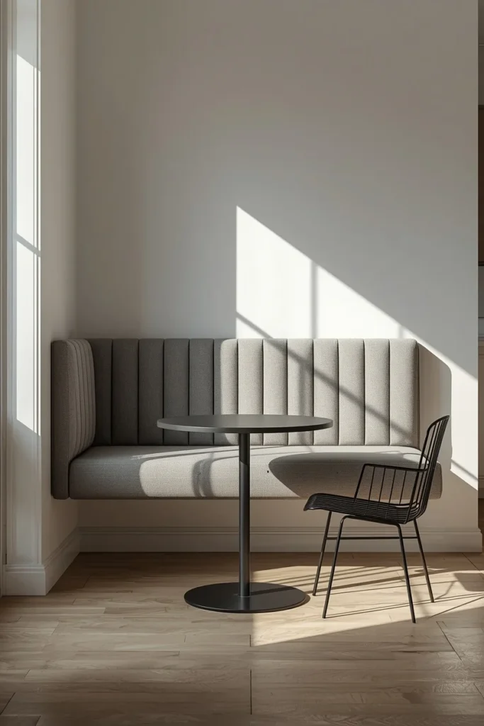 21 Kitchen Banquette Seating Ideas That Make Every Meal Feel Special 11 modern kitchen nook, featuring a floating wall-mounted banquette bench with a channel-tufted gray cushion