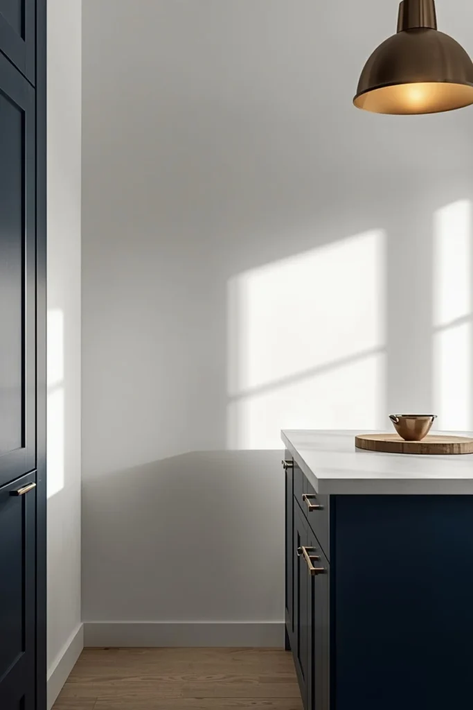 small kitchen, featuring smoky indigo cabinetry against a bright white wall, 