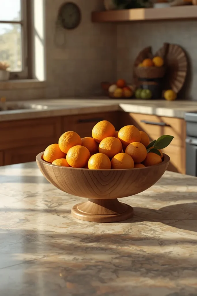  kitchen island, featuring a large wooden fruit bowl filled with seasonal citrus fruit 