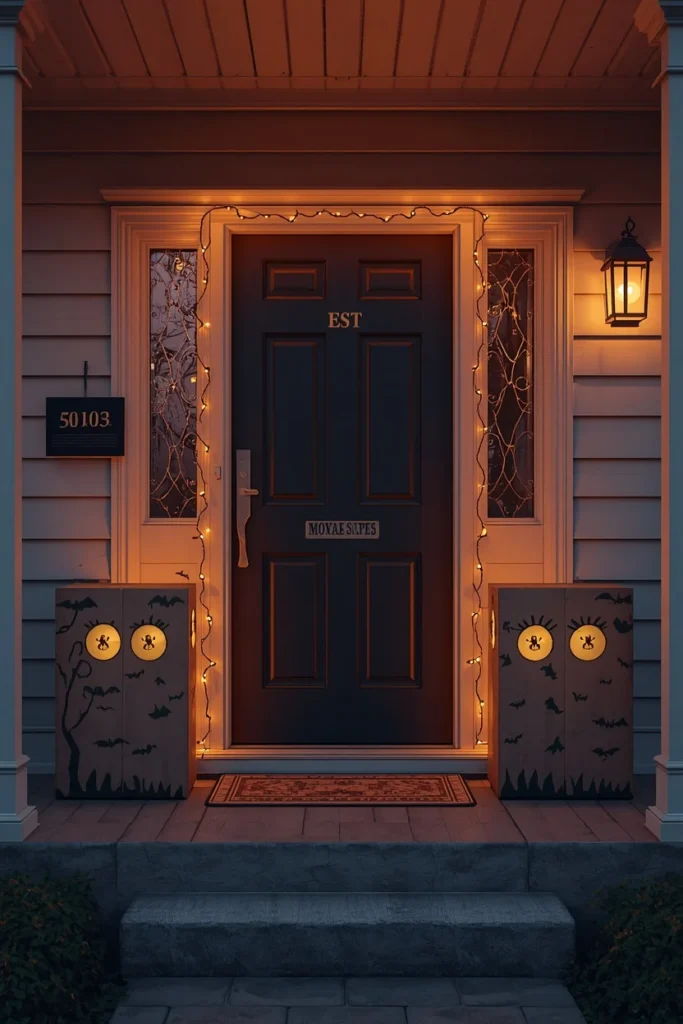 front doorway, featuring two large painted cardboard monster boxes flanking