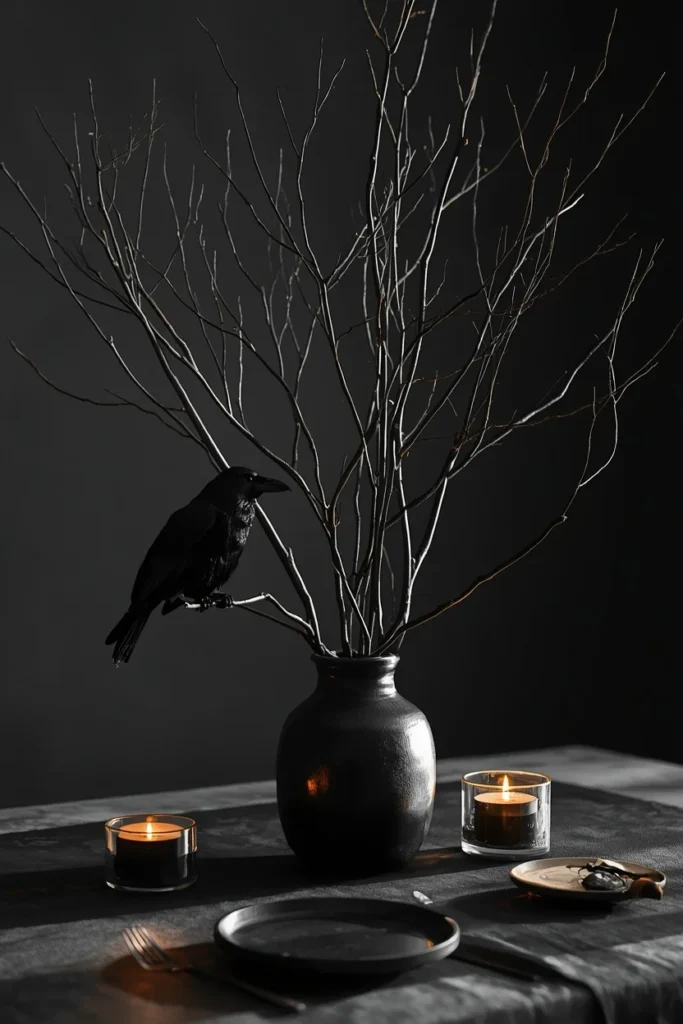 15 Last-Minute Halloween Tablescape Ideas That Look Planned 11 dining table centerpiece, featuring bare black-painted branches