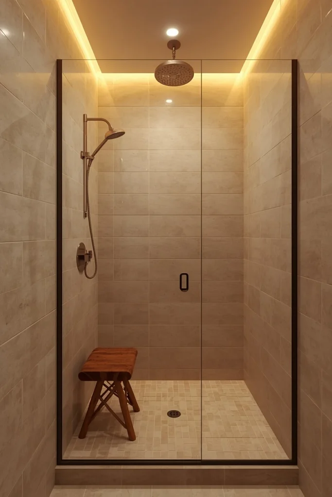 25 Modern Bathroom Designs That Look Like a 5-Star Spa Retreat 11 small bathroom shower corner, featuring soft beige tile walls