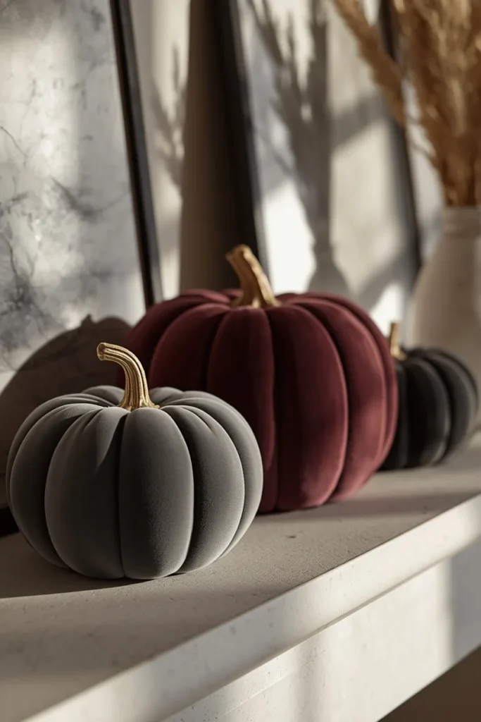 16 Modern Halloween Mantle Decor Ideas That Feel Fresh 11 modern fireplace mantel close-up, featuring three velvet pumpkins in charcoal,