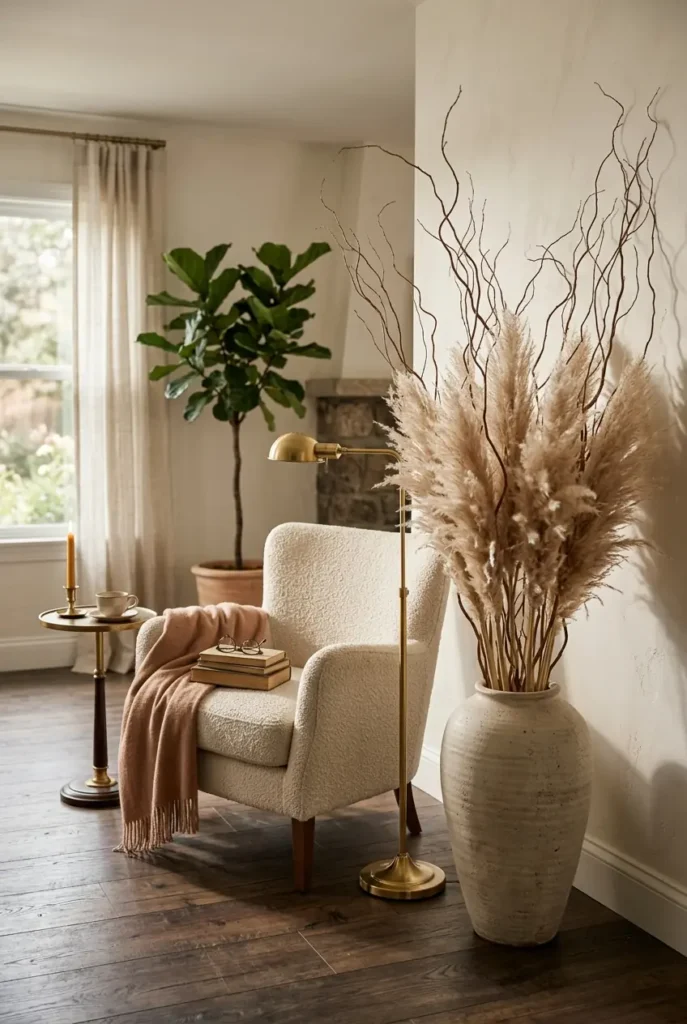  living room floor corner, featuring tall dried branches and pampas grass