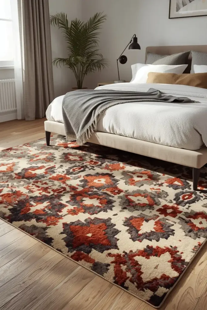 bedroom, featuring a bold geometric patterned area rug in jewel-tone and cream colorway