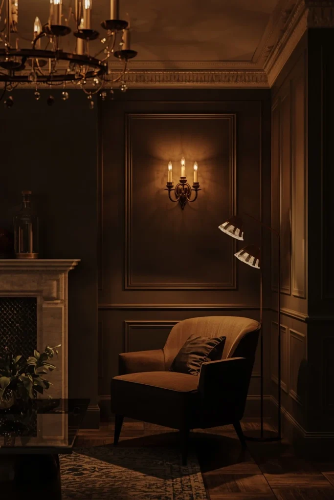  living room evening scene, featuring layered lighting from an overhead chandelier, 