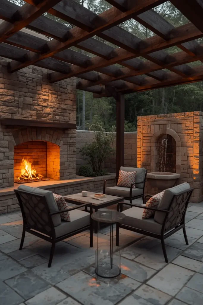  backyard pergola lounge, featuring a stone built-in fireplace with visible flame