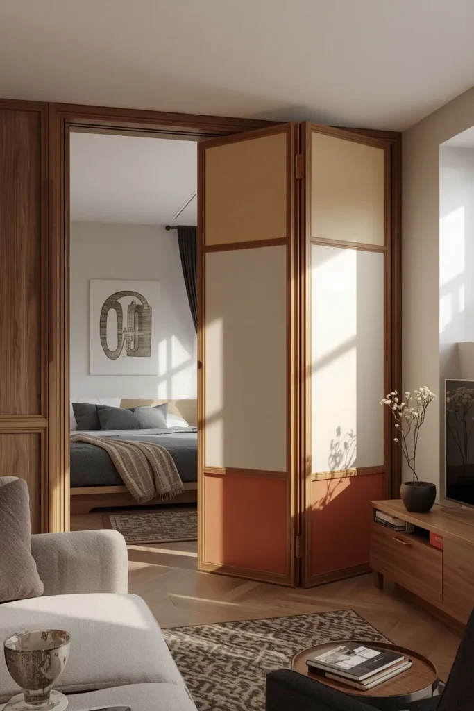 small studio apartment, featuring a bold painted folding screen dividing a sleeping area