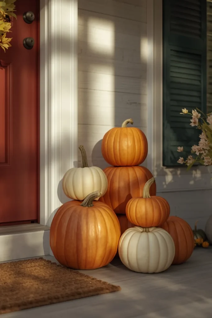 16 Simple Fall Porch Decor Ideas Anyone Can Pull Off This Season 11 front porch close-up, featuring a grouping of pumpkins in varying sizes and colors stacked