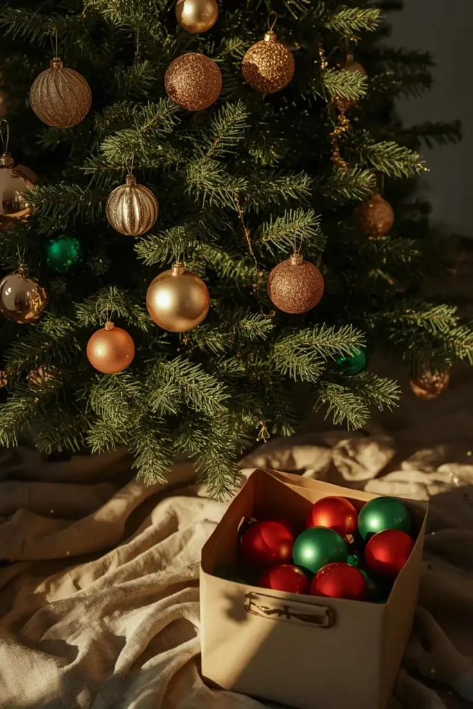 15 Simple Thanksgiving-to-Christmas Tree Transition Ideas 11 Christmas tree mid-transformation, featuring a mix of neutral gold ornaments