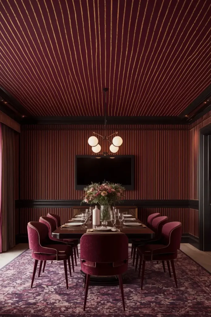 16 Striped Ceiling Ideas to Add Instant Personality Overhead 11 moody dining room, featuring a ceiling covered in narrow two-inch pinstripes