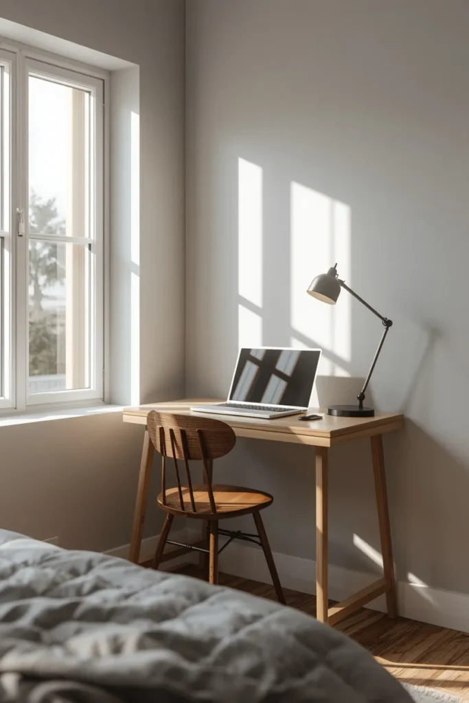17 Tiny Bedroom Design Ideas for Couples (That Still Feel Romantic) 11 small bedroom corner near a window, featuring a slim wood desk with a laptop